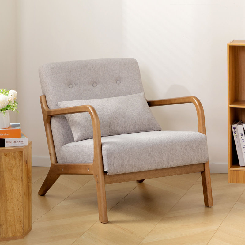 Walthill 63 cm Modern Scandinavian Solid Wood Armchair, Grey, Linen Blend