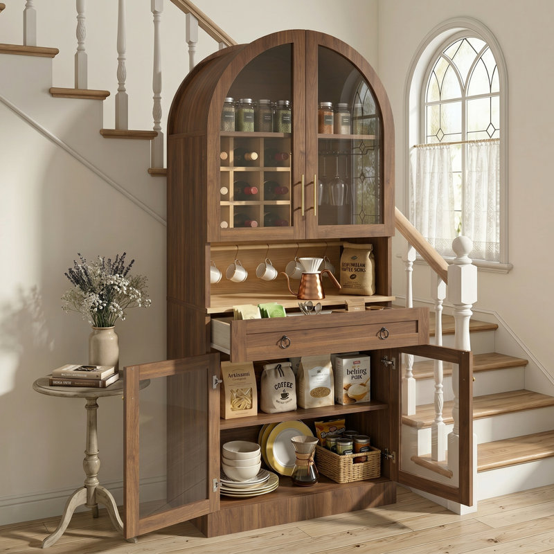 Armoire à vin 70 po de haut style Mid-Century arquée, bar à café avec portes réglables en verre trempé et porte-bouteilles
