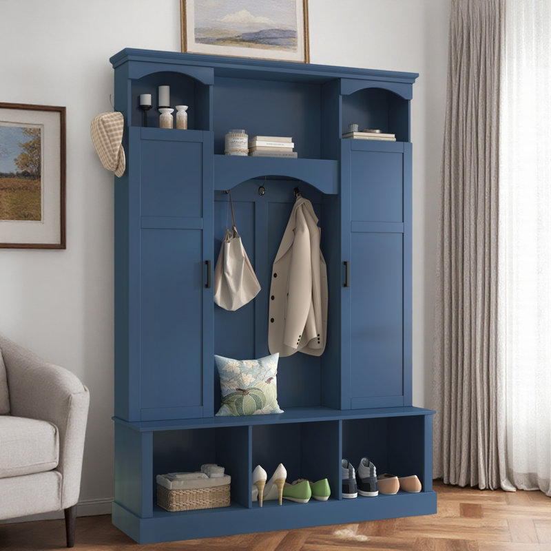 Modern Hall Tree With Adjustable Shelves, Side Cabinets, Top Compartments And Hooks, Blue