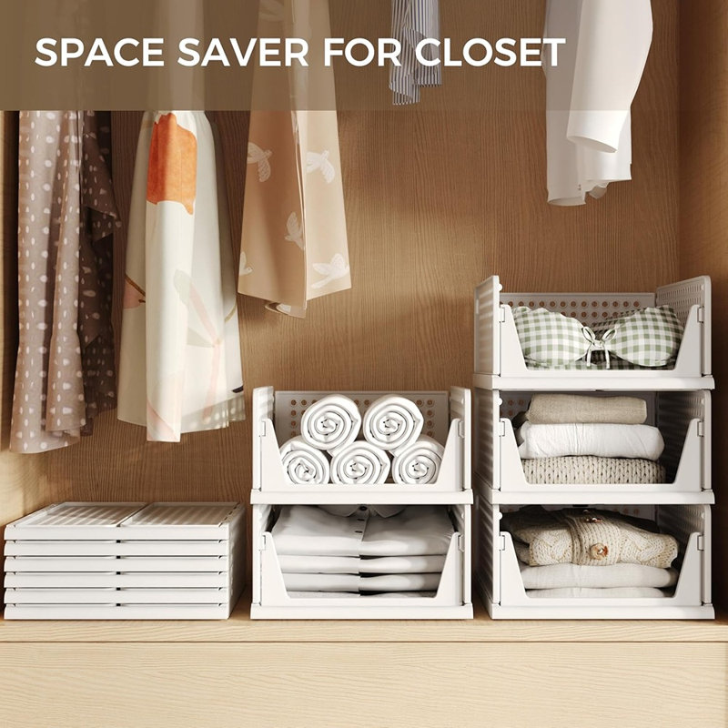 Ensemble de 6 paniers de rangement empilables - Blanc - Paniers à tiroirs en plastique pour placard, garde-robe, chambre à coucher, salle de bain ou bureau