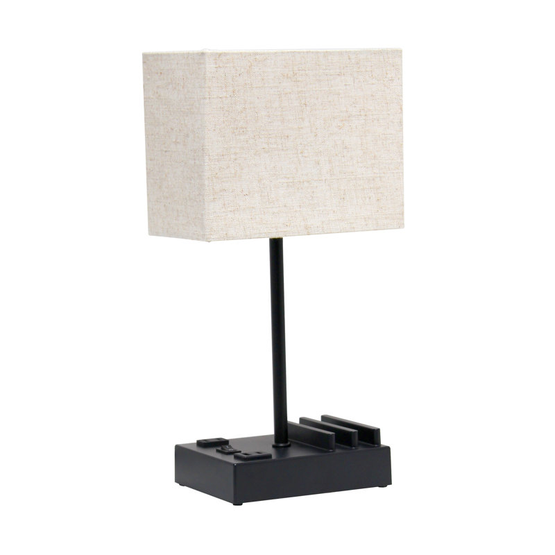 Nova Rectangular Organizer Table Lamp, USB A, Charging Outlet, Onyx Black, Beige Shade, 15.3"H