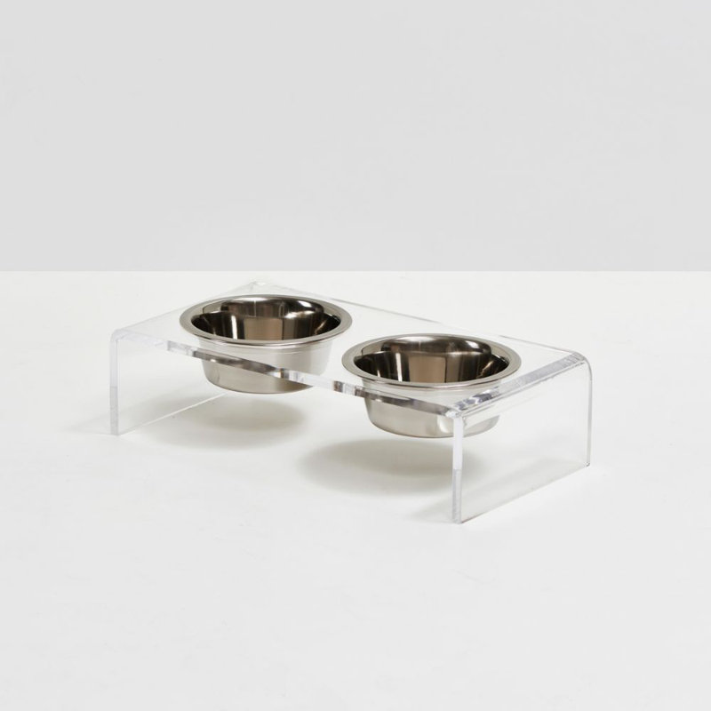 Small Clear Elevated Feeder with Silver Bowls, 1.5 cups