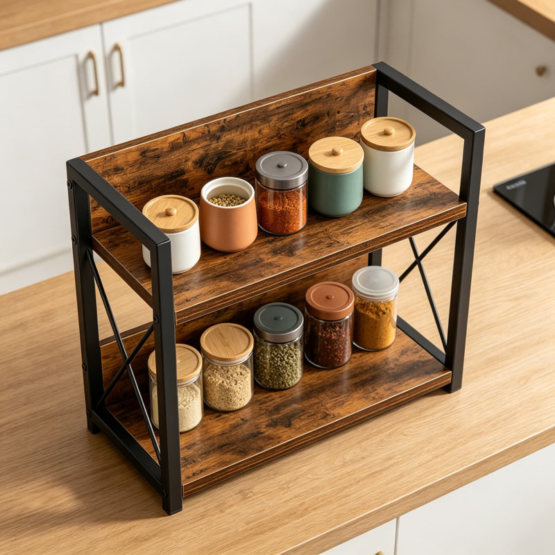 Organisateur de comptoir de cuisine à 2 niveaux, étagère à épices et tablette de café avec cadre en métal robuste, solution de rangement multifonctionnelle pour garde-manger et bureau