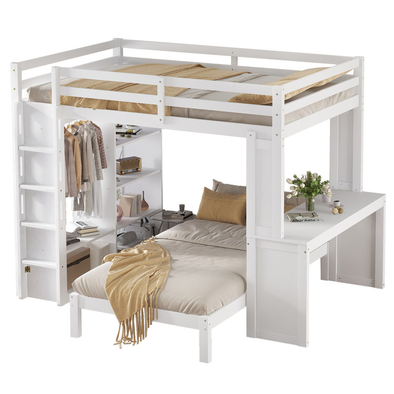 Grand lit superposé au-dessus d'un lit simple en bois, Blanc