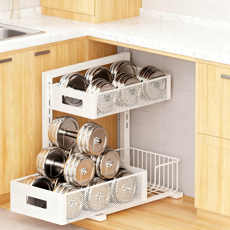 Panier de rangement coulissant à hauteur réglable à 2 niveaux pour armoire de cuisine