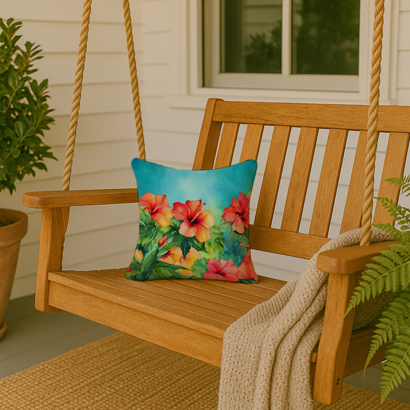Coussin Hawaii, Hibiscus à l'aquarelle, Carré 14 po