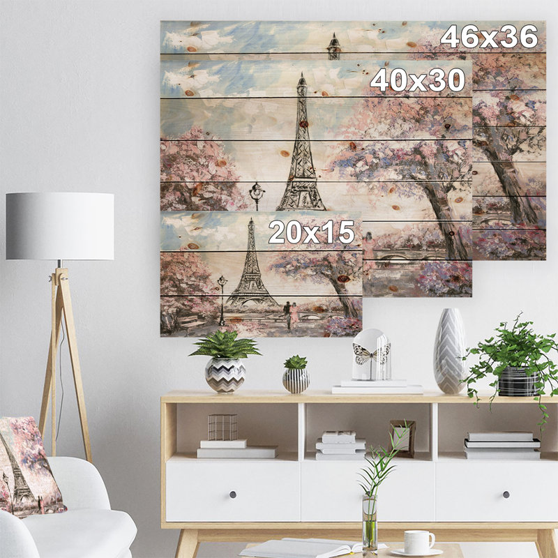 Paysage urbain «Eiffel avec fleurs roses», peinture, H 30 po x l 40 po x P 1,5 po, Bois