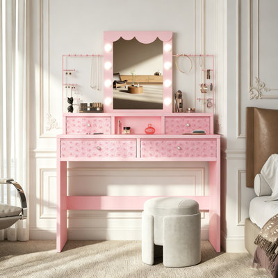 Dressing Table With Mirror, 4 Drawers Vanity Table With 3 Colors LED Light & Jewelry Storage Shelves, Cloud Shaped Mirror Vanity Desk for Bedroom, Available in 80cm/100cm Width, Black/White/Pink