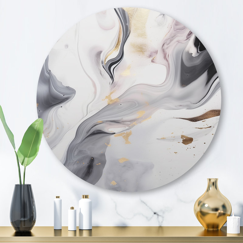 Blanc et gris ondulations de pierre I - art mural rond en marbre abstrait, H 16 po x l 16 po x P 1 po
