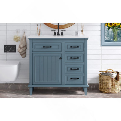 Meuble-lavabo de 36 pouces avec comptoir en céramique, structure en bois massif, armoire en bois aggloméré et peuplier, tiroirs rabattables, tablette réglable et poignées en alliage de zinc, armoire de rangement autoportante (robinet non inclus)