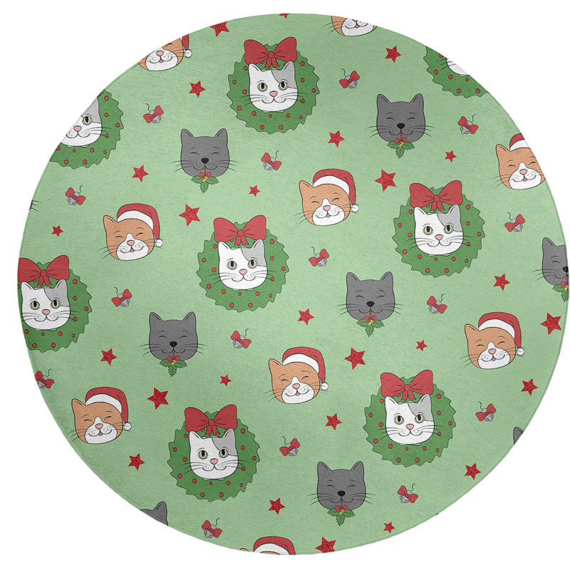 Tapis vert/rouge/gris zone fait main, Rond 5 pi
