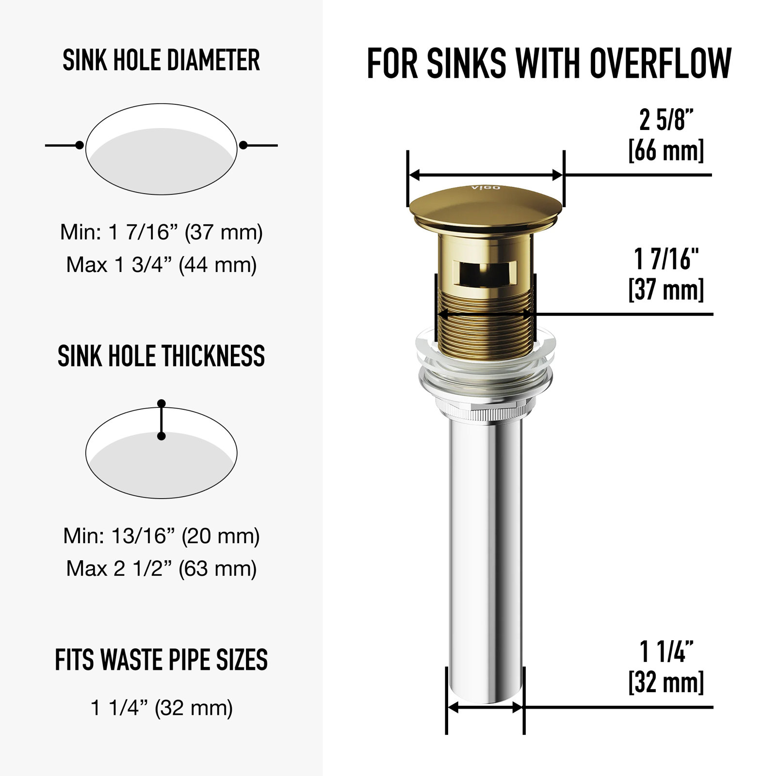 Bathroom Sink Pop-Up Drain With Overflow, Matte Gold