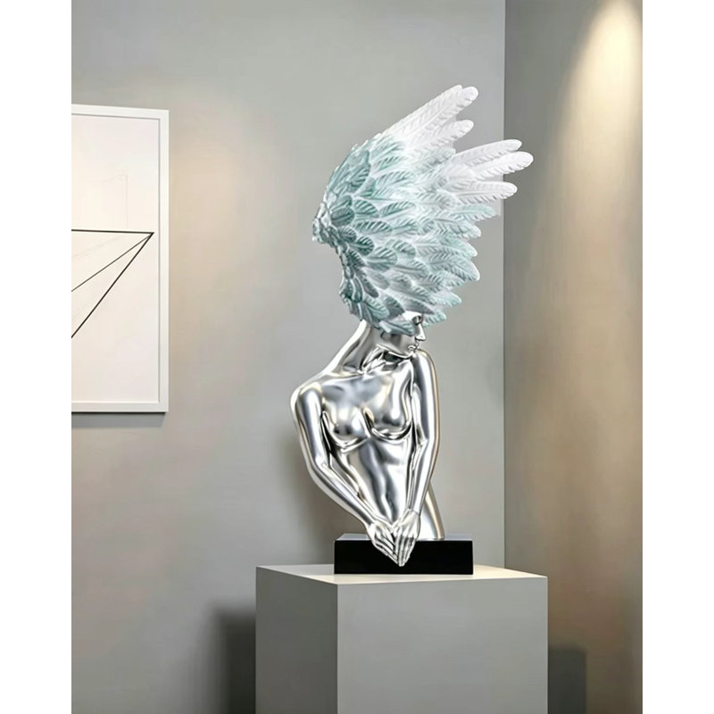 Zen-Style Fiberglass Angel Sculpture Decoration Item, Silver/Teal