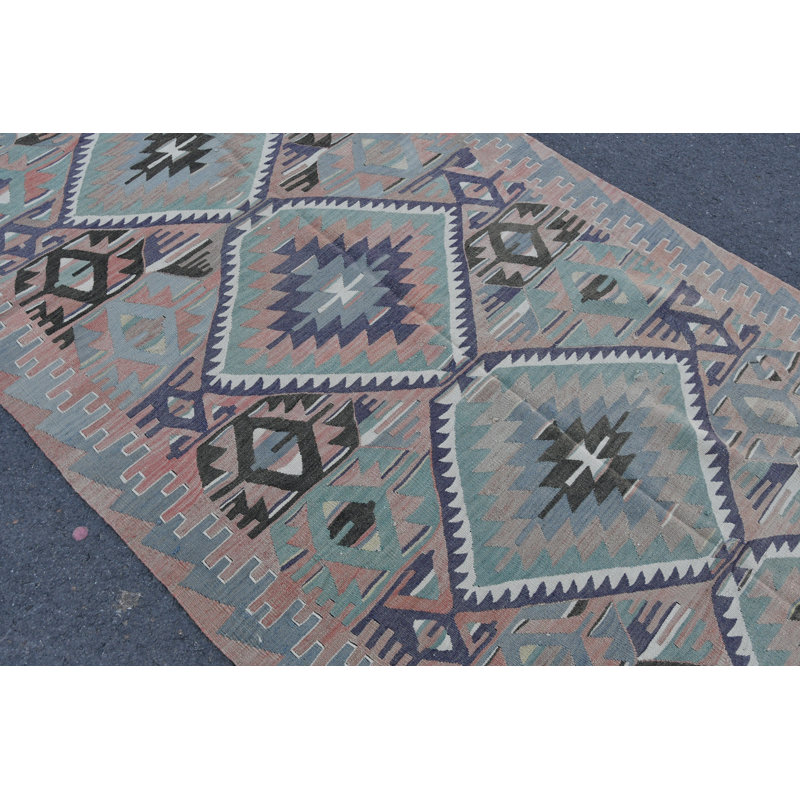 Tapis kilim turc antique avec motif géométrique - authentique kilim bohémien Oushak pour décor organique mauve / orange