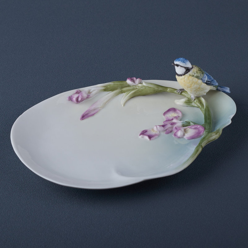Plat multicolore en forme d'iris et de mésange bleue 9,65 pouces L