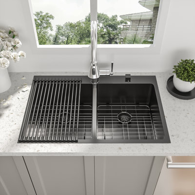 Évier de cuisine encastré 33 po à double cuve en acier inoxydable avec accessoires 33 po, noir