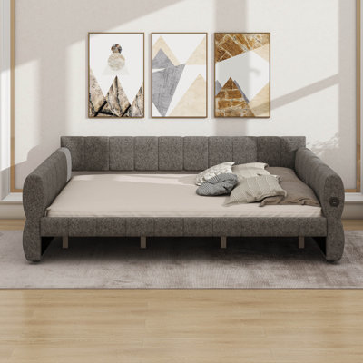 King Size Upholstered Daybed Frame With USB, Soft Lambswool Platform Bed