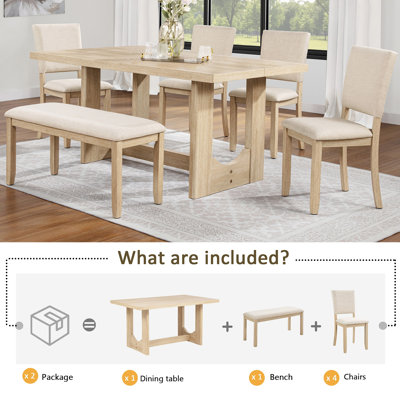 6 Piece Dining Table Set with Bench, Wooden Rectangular Kitchen Table Set with Bench and 4 Upholstered Chairs, U-shaped base