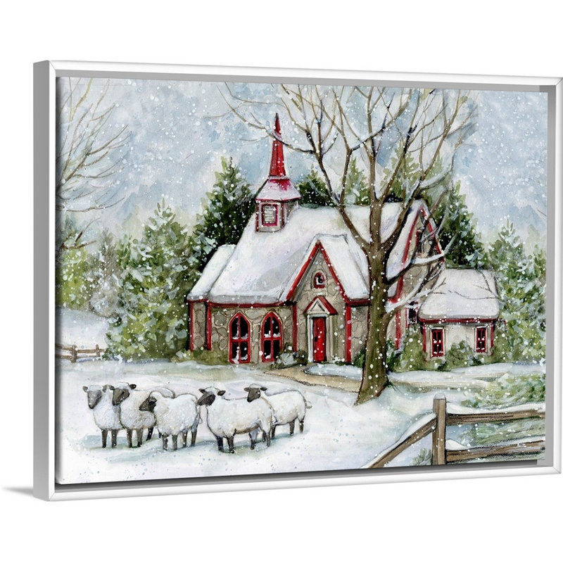 «Snowy Church with Sheep» par Susan Winget - peinture sur toile tendue, H 19,25 po x l 25,25 po, Cadre blanc