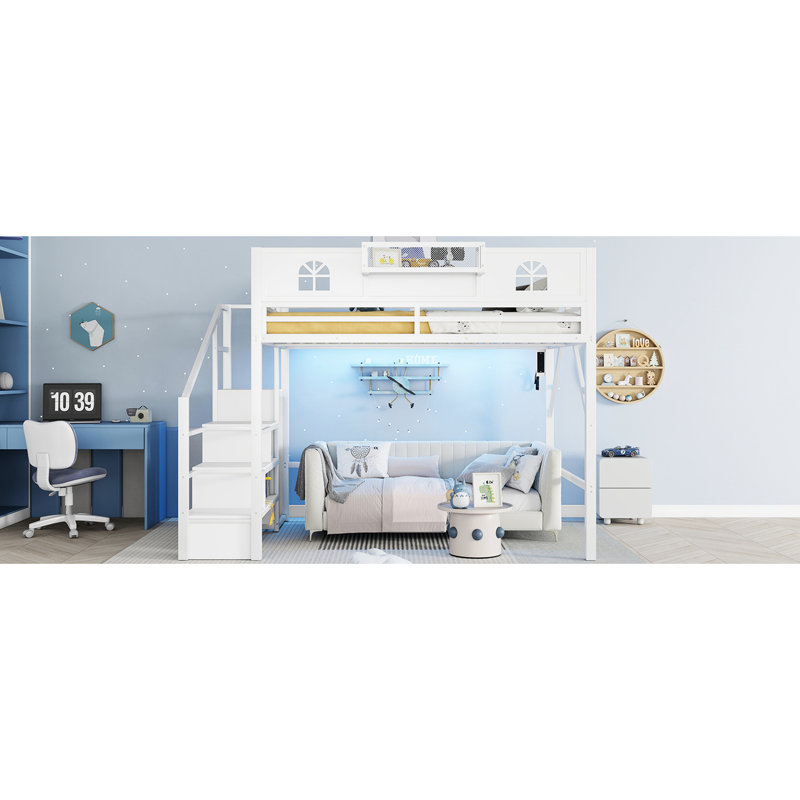 Grand lit mezzanine en métal blanc avec escalier, garde-corps et rangement pour la chambre à coucher de grande taille, garde-robe, espace pratique