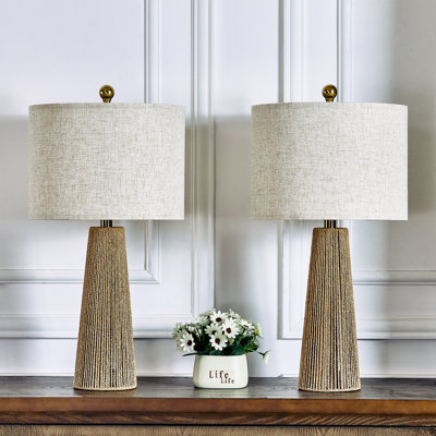 Arcola 25.8 in. Brown boho Metal Fabric For Bedroom/Living Room Bedside Desk Nightstand Hardware Paper Rope Table Lamp With Linen Drum Shade