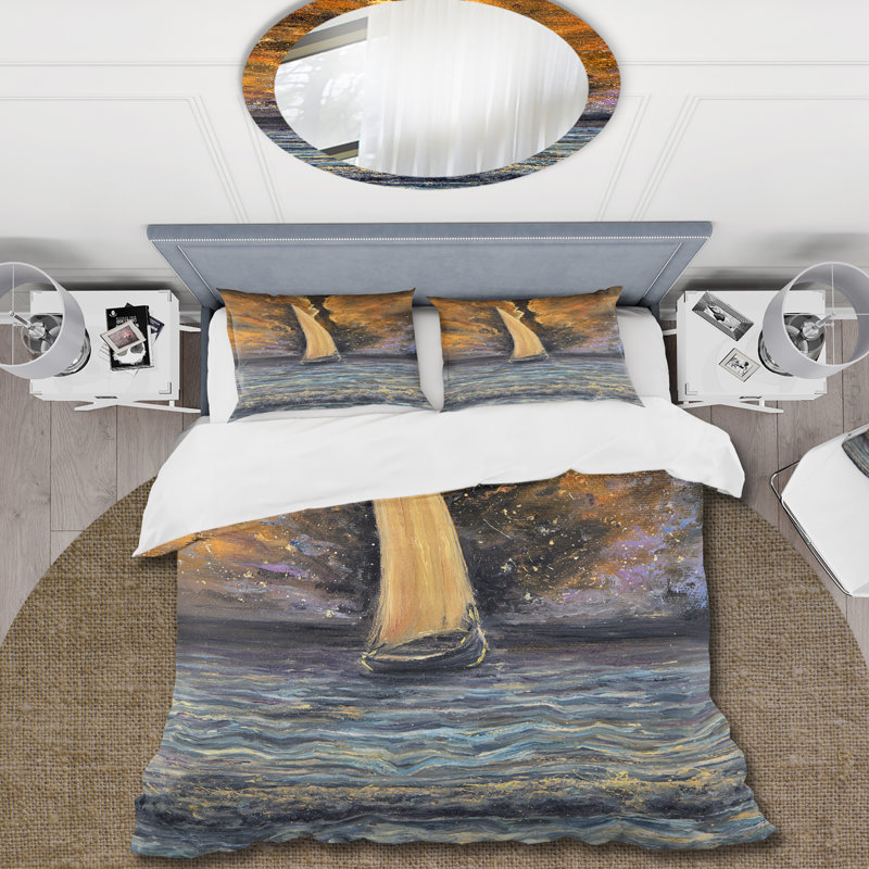 Voilier sur l'océan à l'aube - ensemble de housse de couette nautique et côtier - microfibre de polyester