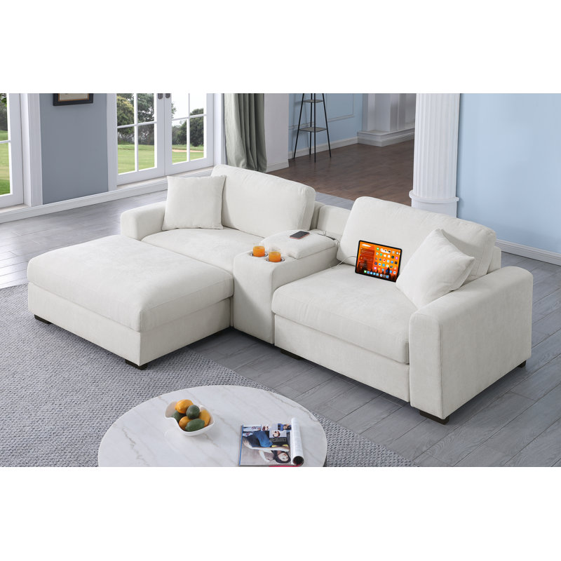 Canapé rembourré 4 pièces avec rangement et repose-pieds, Blanc