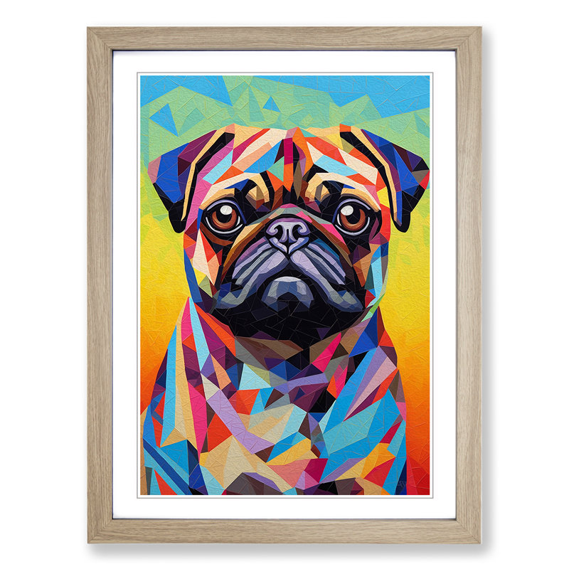 Pug Op No.2 - Single Picture Frame Print on Wood, 64cm H x 46cm W x 2cm D, Oak 