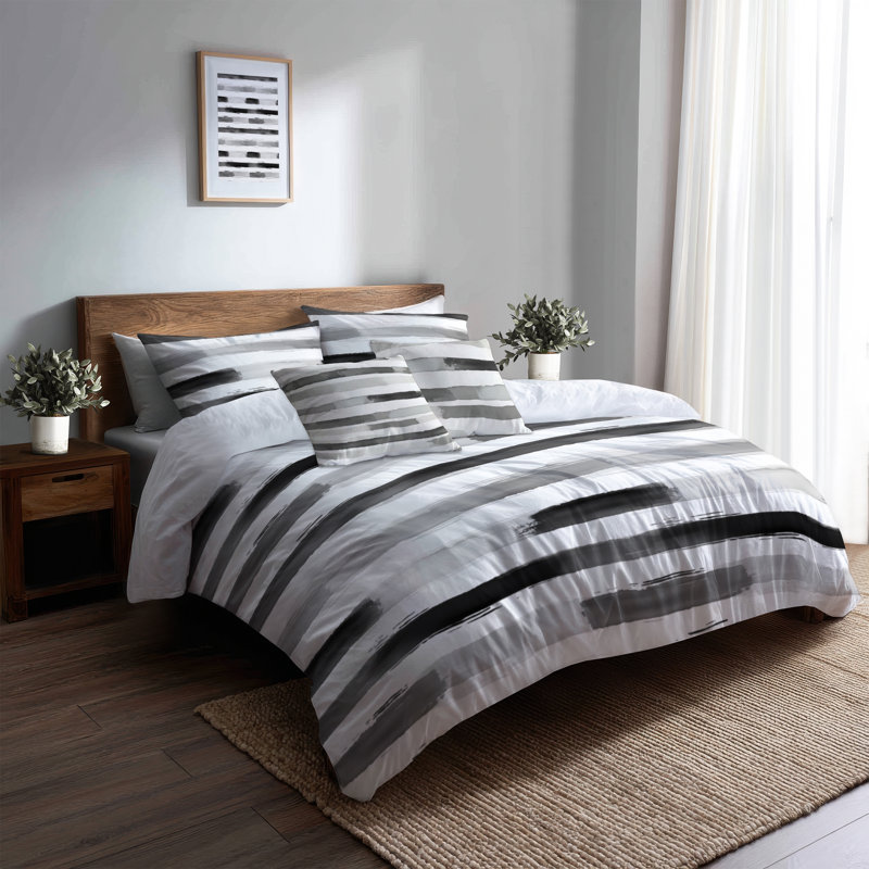 Ensemble de literie moderne 5 pièces - Ensemble de housse de couette et de coussin décoratif à rayures blanches Featherlight