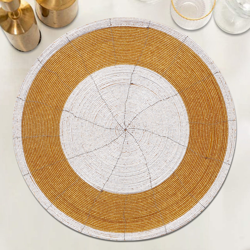 Handmade Beaded Round Placemats Set Heat Resistant for Luxurious Kitchen Decor or Christmas Present, Gold/White