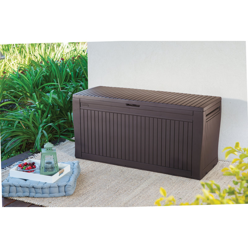 Espresso Brown Lockable Plastic Wicker Deck Box with Wheels