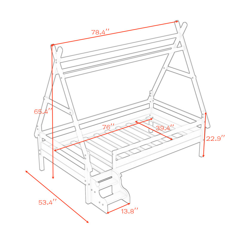 House Platform Bed With Stairs, Natural, Twin