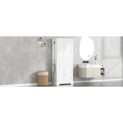 Grande armoire de rangement autoportante avec 4 portes, 3 tiroirs et tablettes réglables pour une maison organisée et élégante