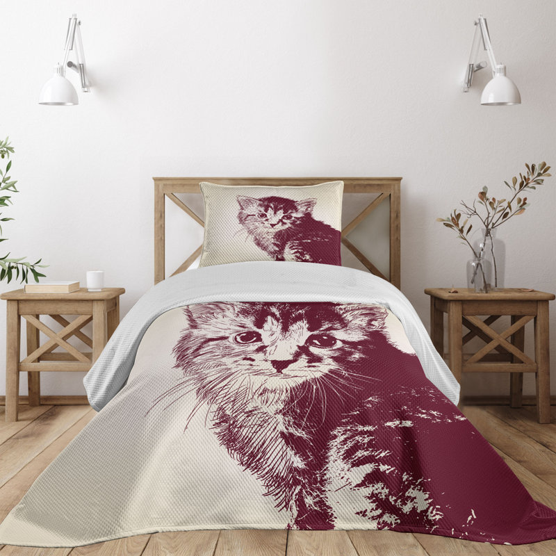 Twin White Quilted Bedspread Set with Cat Design