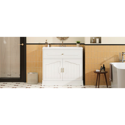 Meuble-lavabo de 36 po avec lavabo en céramique, deux portes à fermeture douce, cadre en bois massif, rangement réglable, conception de ligne classique, lavabo rectangulaire moderne avec ajout élégant, armoire de porte, fermeture