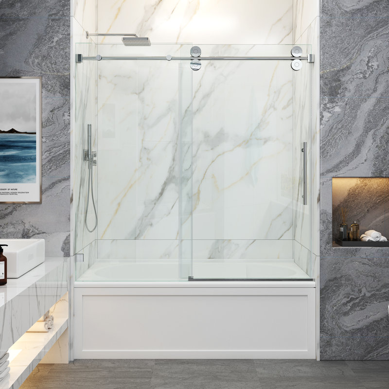 Opal Mirage MCOCOD 56"-60" W x 60" H Single Sliding Frameless Smooth Sliding Tub Door with 3/8" (10mm) Clear Glass, Chrome