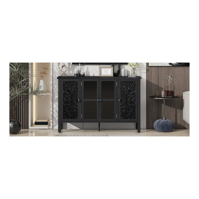 Meuble télé 47,2 po pour téléviseur de 43 po ou moins, meuble multimédia avec 3 armoires spacieuses, portes vitrées et dispositif anti-basculement pour le salon