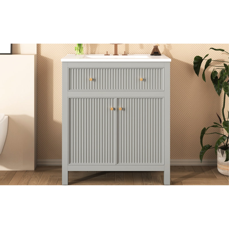 Modern Bathroom Vanity With Ceramic Sink - Grey Colour Scheme, Solid Wood Foundation, Quality , Roomy Storage 30'' Undermount Basin Modern, Grey, & Build, Spacious