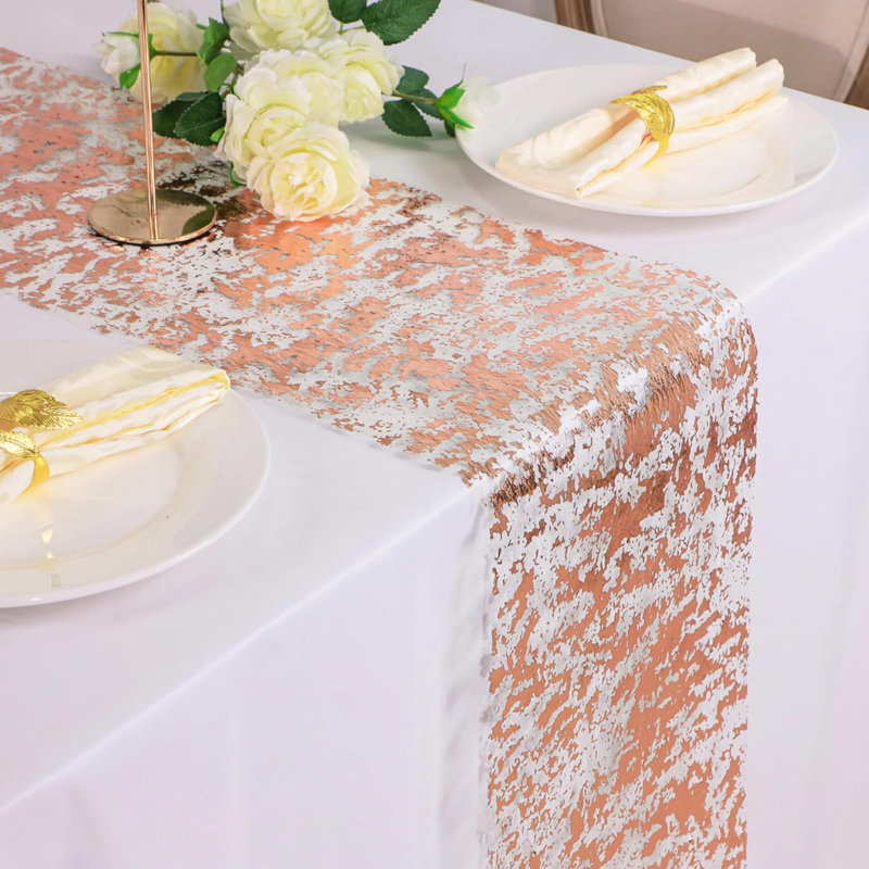 Rose Gold Table Runner 11 Inch x 100 Feet Glitter Sequin Metallic Pink Thin Mesh Runner Sparkly Table Decorations for Birthday, Wedding, Bridal Shower, Baby Shower Party