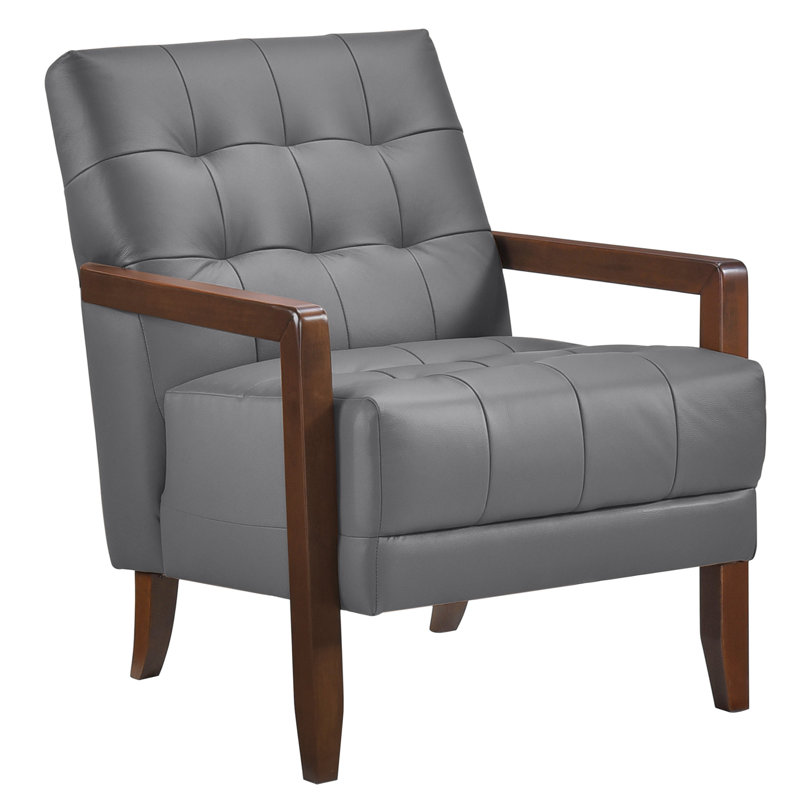 Fauteuil Lenie, cuir capitonné, bois de noyer, Gris foncé