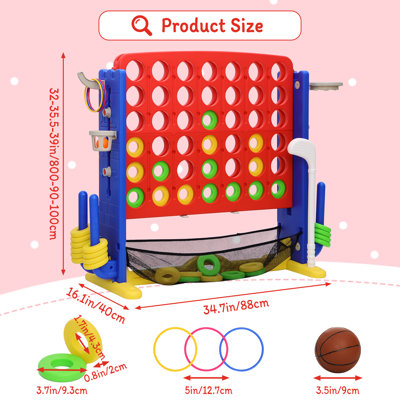 Jumbo 4-To-Score Connect Game Set: Height-Adjustable Yard Game With Golf, Basketball Hoop, Ring Toss & Mesh Bag For Kids & Adults, Red
