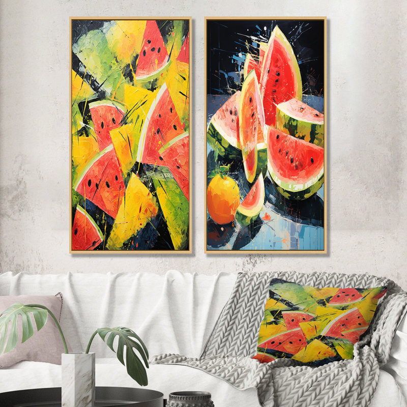 «Red Vibrant Watermelon Palette I», ensemble de 2 reproductions d'art mural Melon, Cadre flottant brun, H 32 po x l 33 po