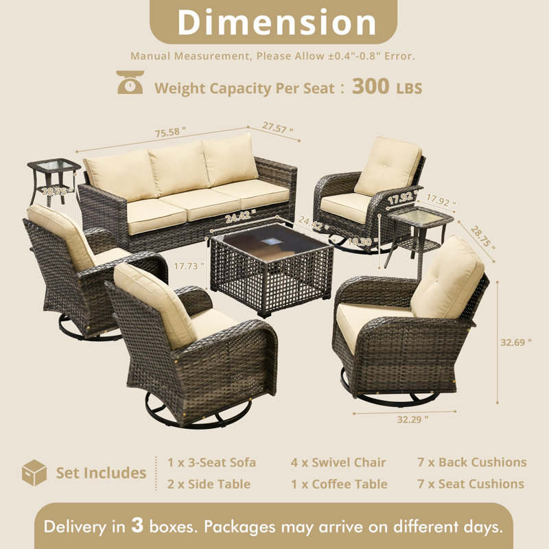 Ensemble de mobilier d'extérieur en osier toutes saisons 7 pièces avec chaises pivotantes, canapé et table basse illuminée