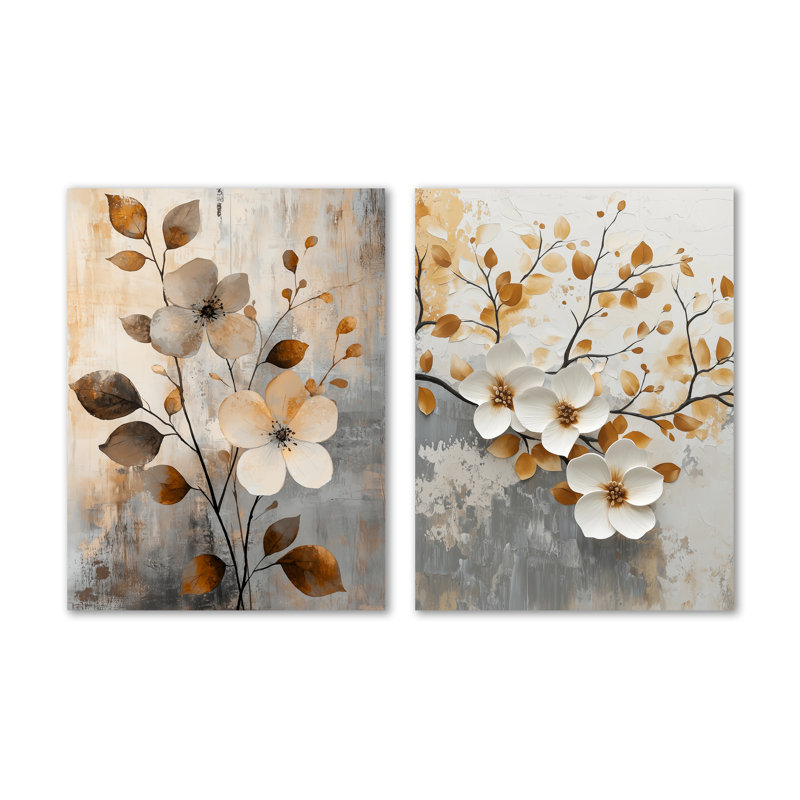 Fleurs de cerisier orange gris botanique III - ensemble de 2 reproductions d'art mural en métal, 32" H x 48" W