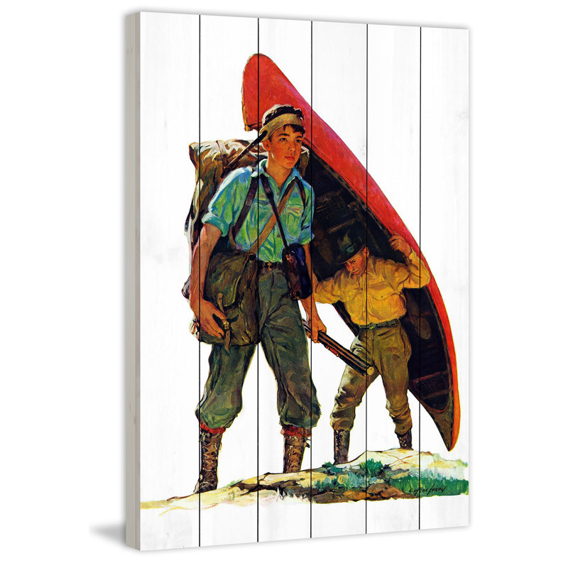 « canoë portage », reproduction d’art sur bois blanc, H 60 po x l 40po x P 1,5 po