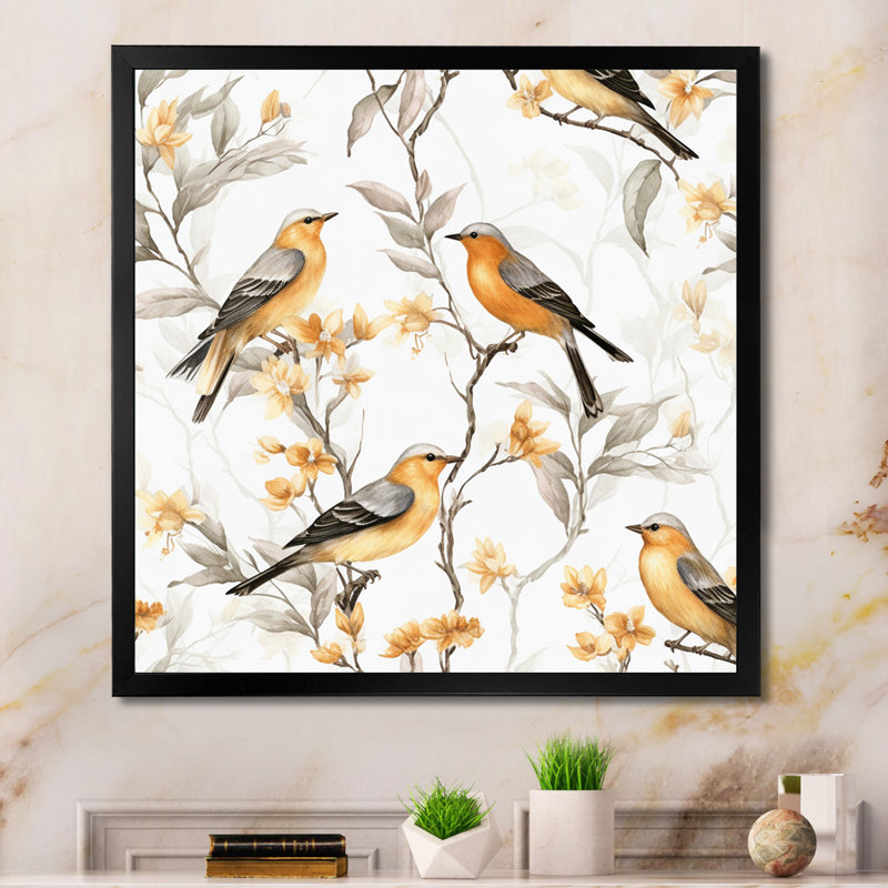 Oiseaux orange noirs sur des arbres I - impression, Cadre simple noir, H 36 po x l 36 po x P 1,5 po