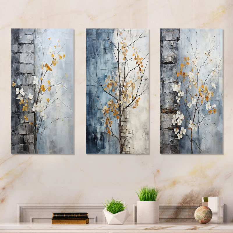 Minimalist Granite Grape Leaves - Plants Metal Wall Art Prints Set Of 3, 32" H x 48" W