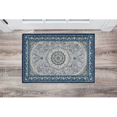 Emanuel Traditional Machine Woven Flatweave Cream and Blue Area Rug with Non Skid Backing
