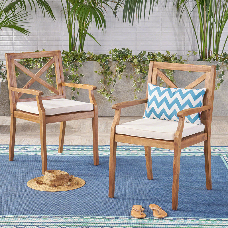 Chaise de salle à manger, 2 pièces avec 2 coussins crème, pour cour, bord de piscine, jardin, Crème