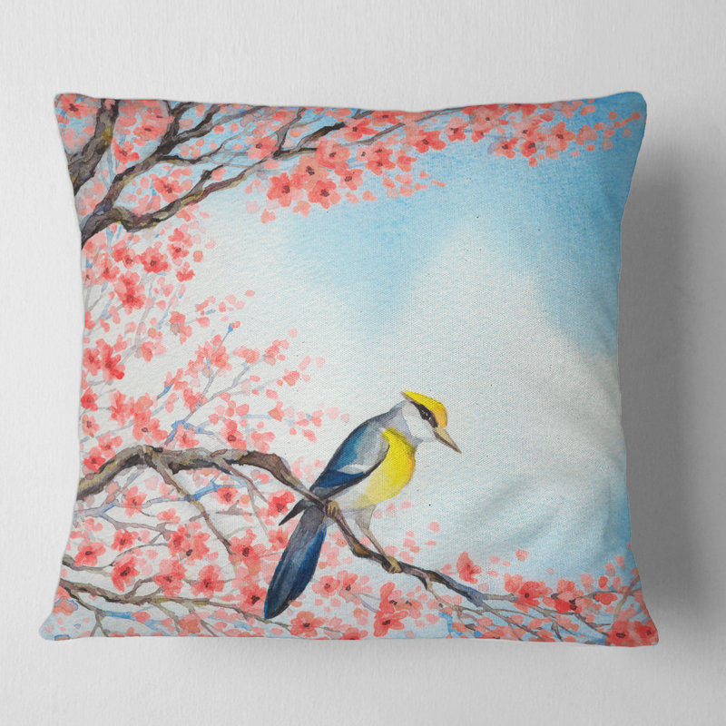 Housse de coussin et insert carré bel oiseau sur une branche en fleurs I, 16" x 16"